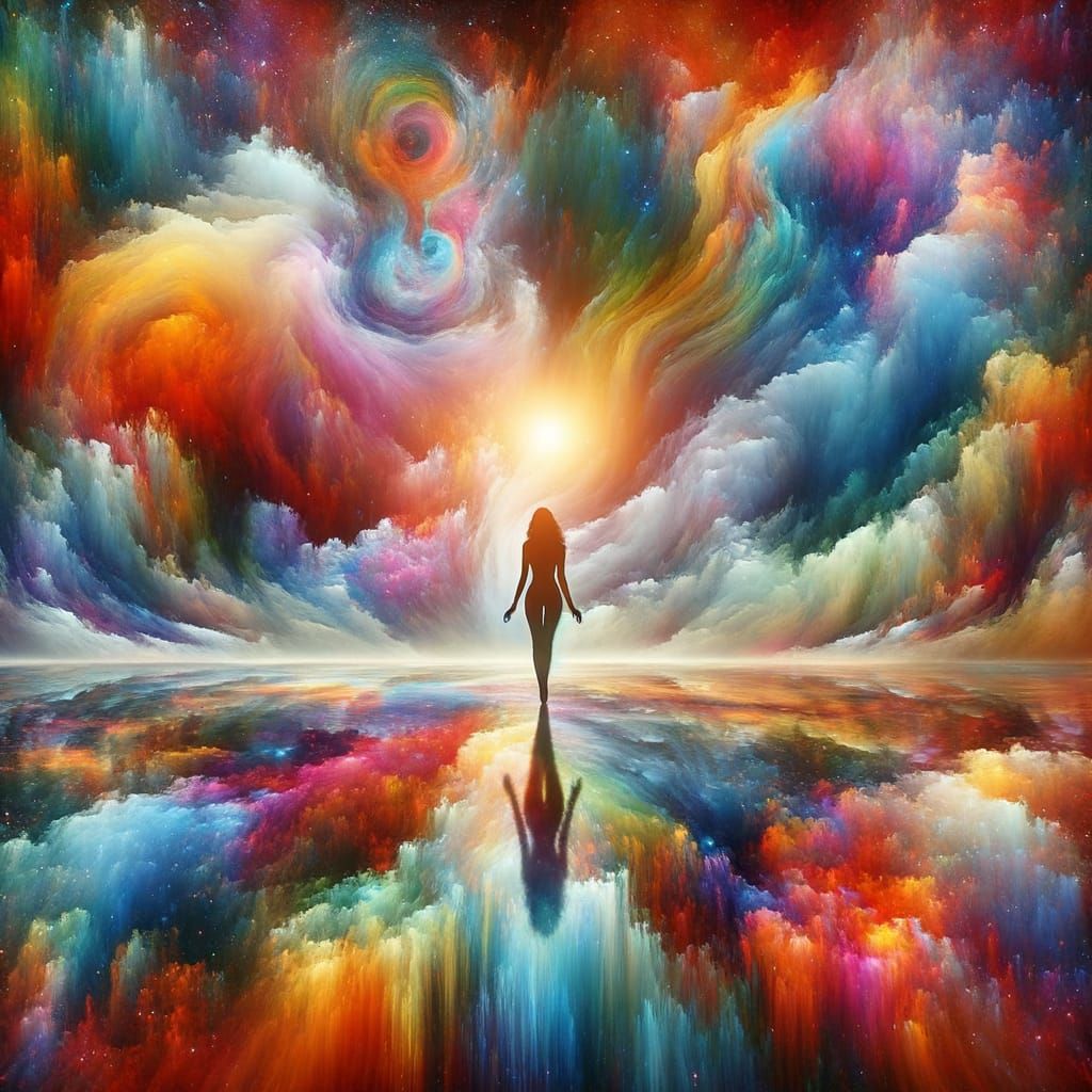 Vibrant Surreal Landscape with Woman and Rainbow Sky