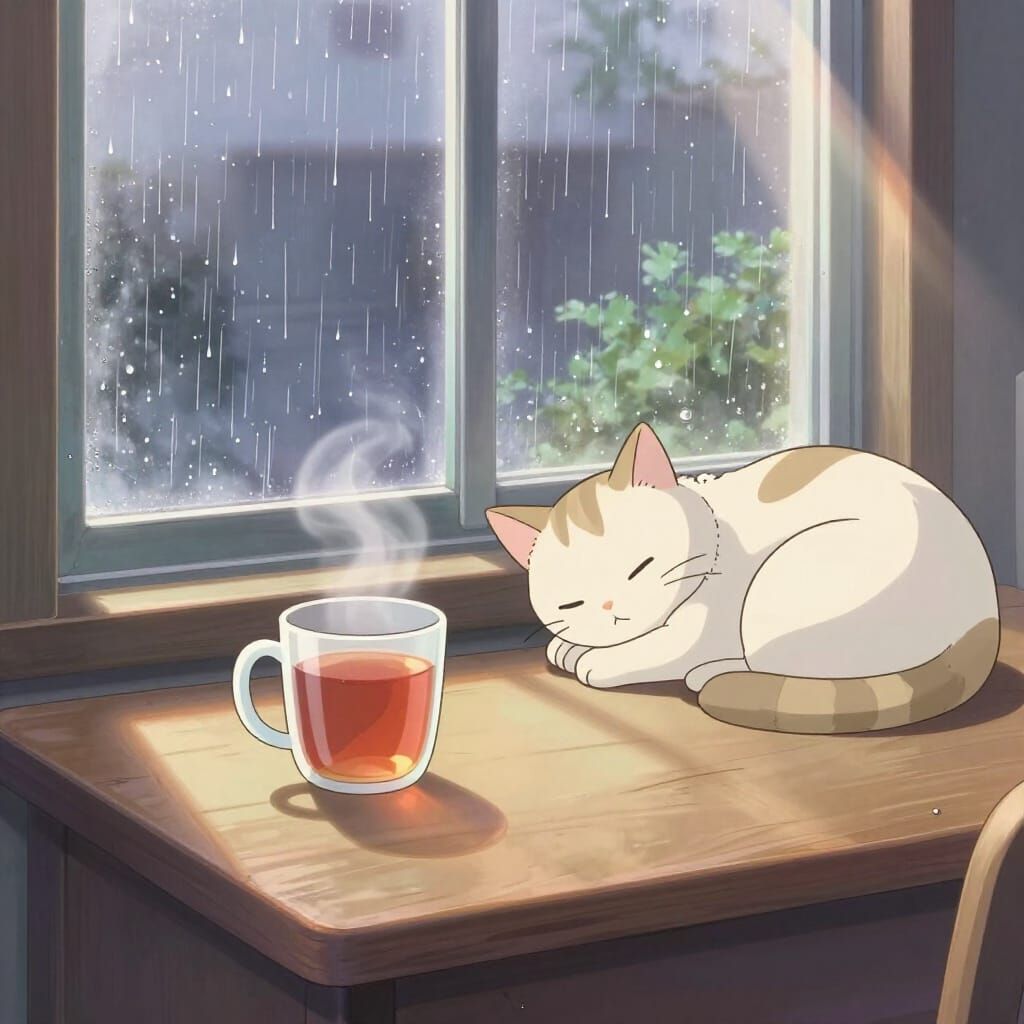 Cozy Lofi Rain Scene with Steaming Tea and Sleeping Cat