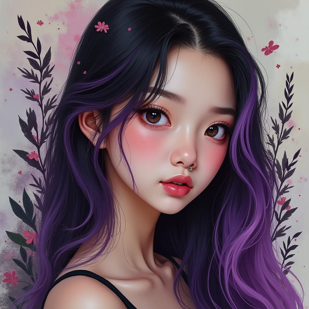 Hyperrealistic Portrait of Woman with Purple Accents