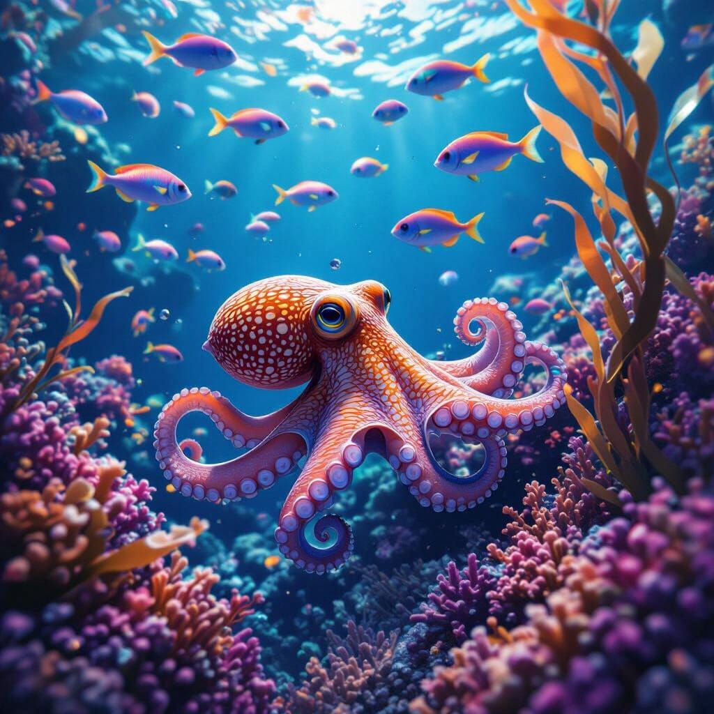 Baby Octopus in Vibrant Coral Reef