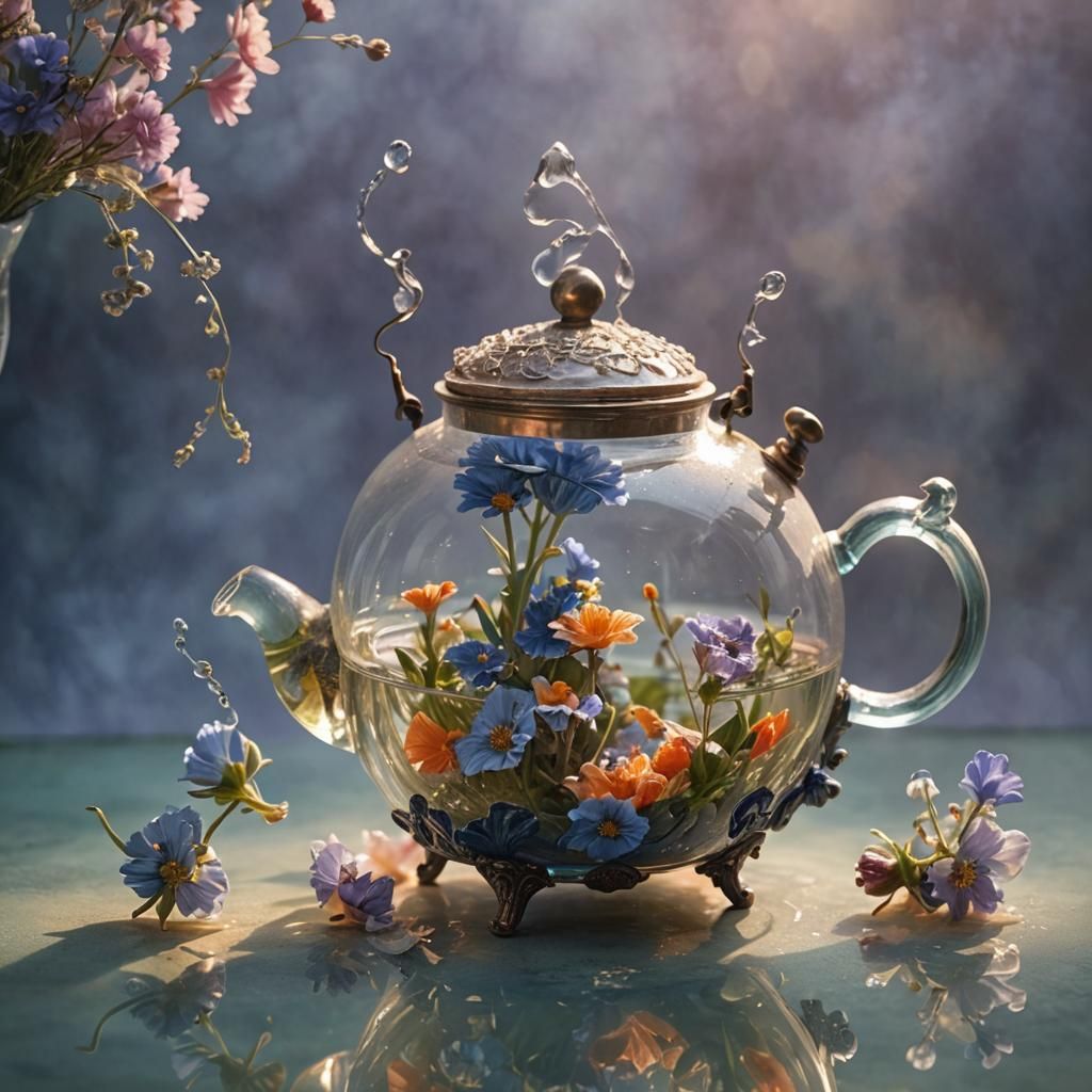Lush Flowers Bloom Inside Glass Teapot