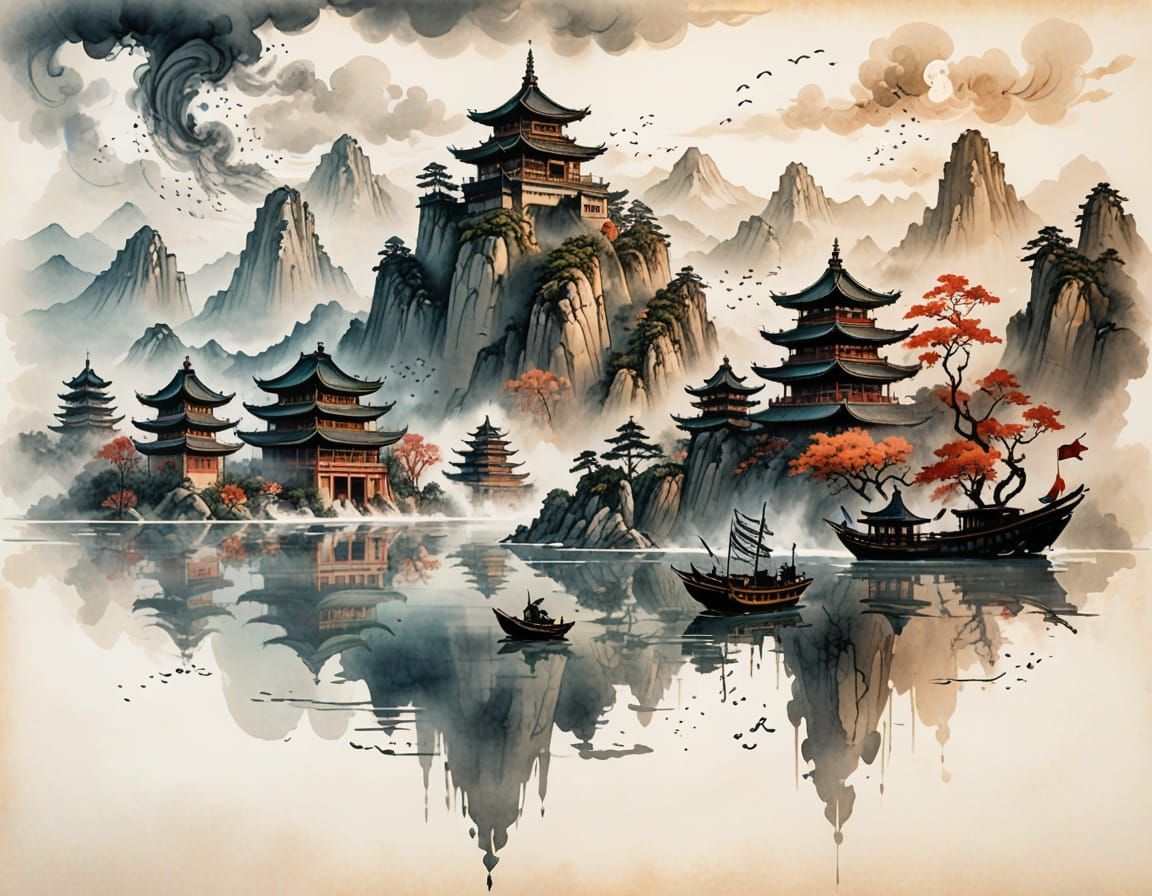 Ink Painting Becomes 3D World with Pagoda and Ship