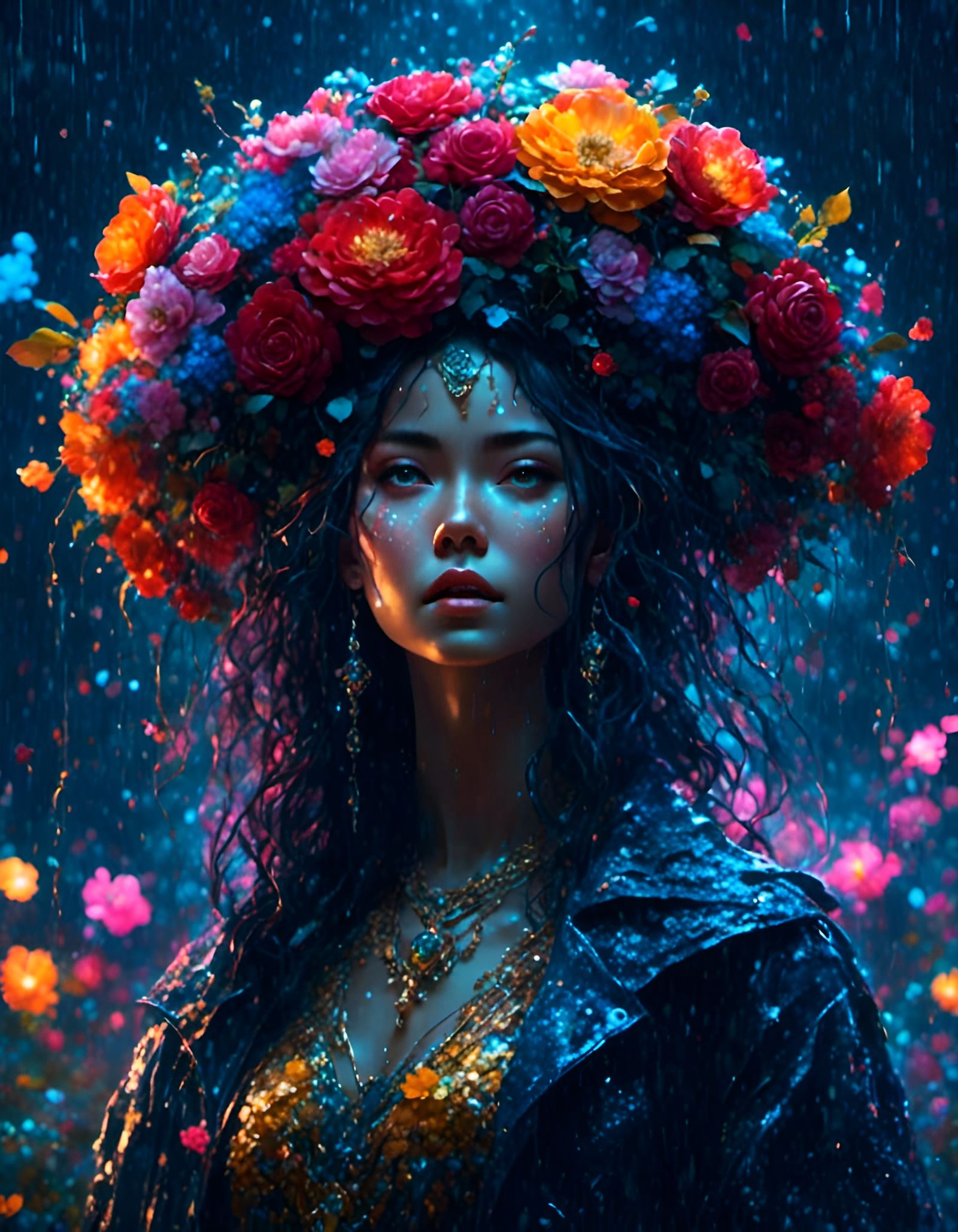 Woman in Rain with Flower: Hyperreal Fantasy Art