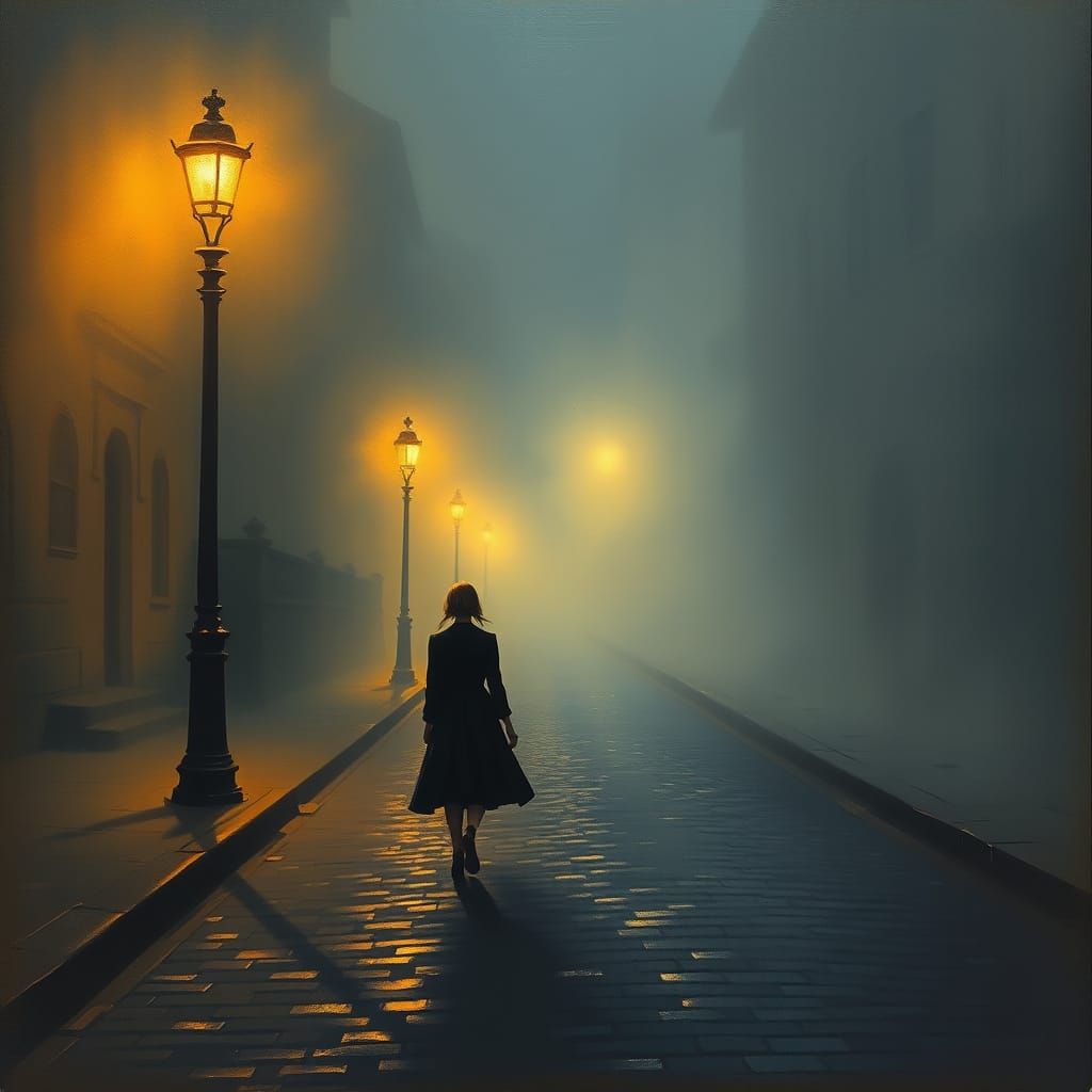 Mysterious Woman on Foggy Cobblestone Street at Night