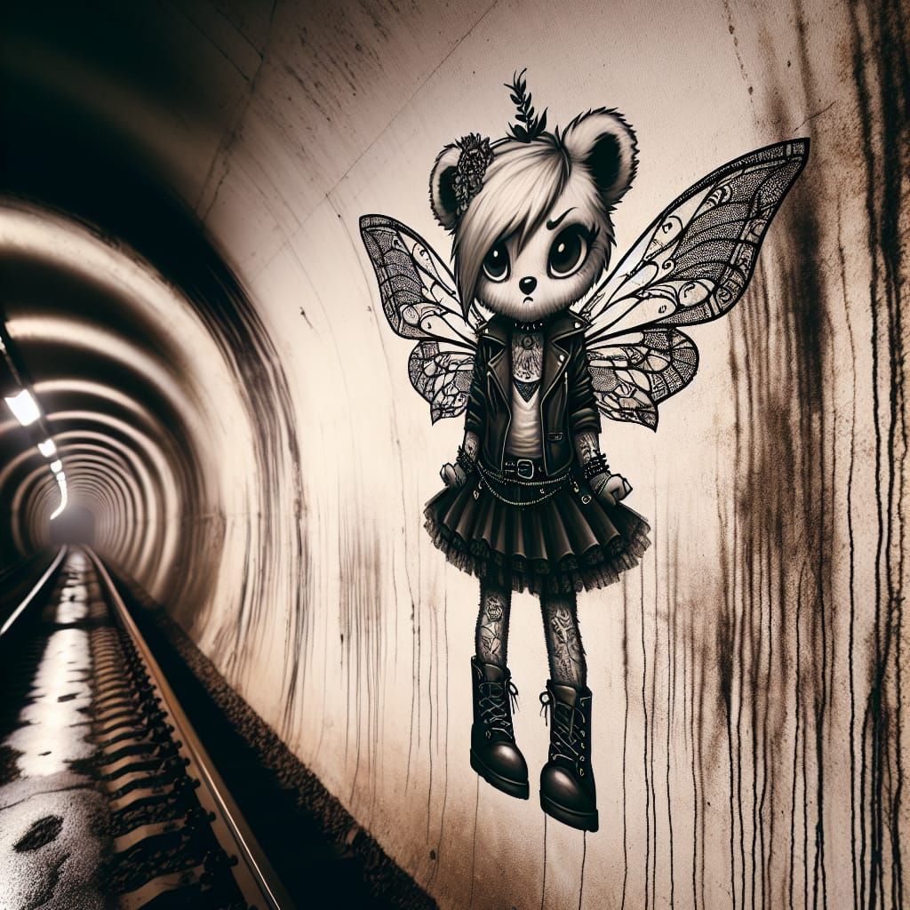 Gothic Fairy Bear Outlined on Sooty Tunnel Wall
