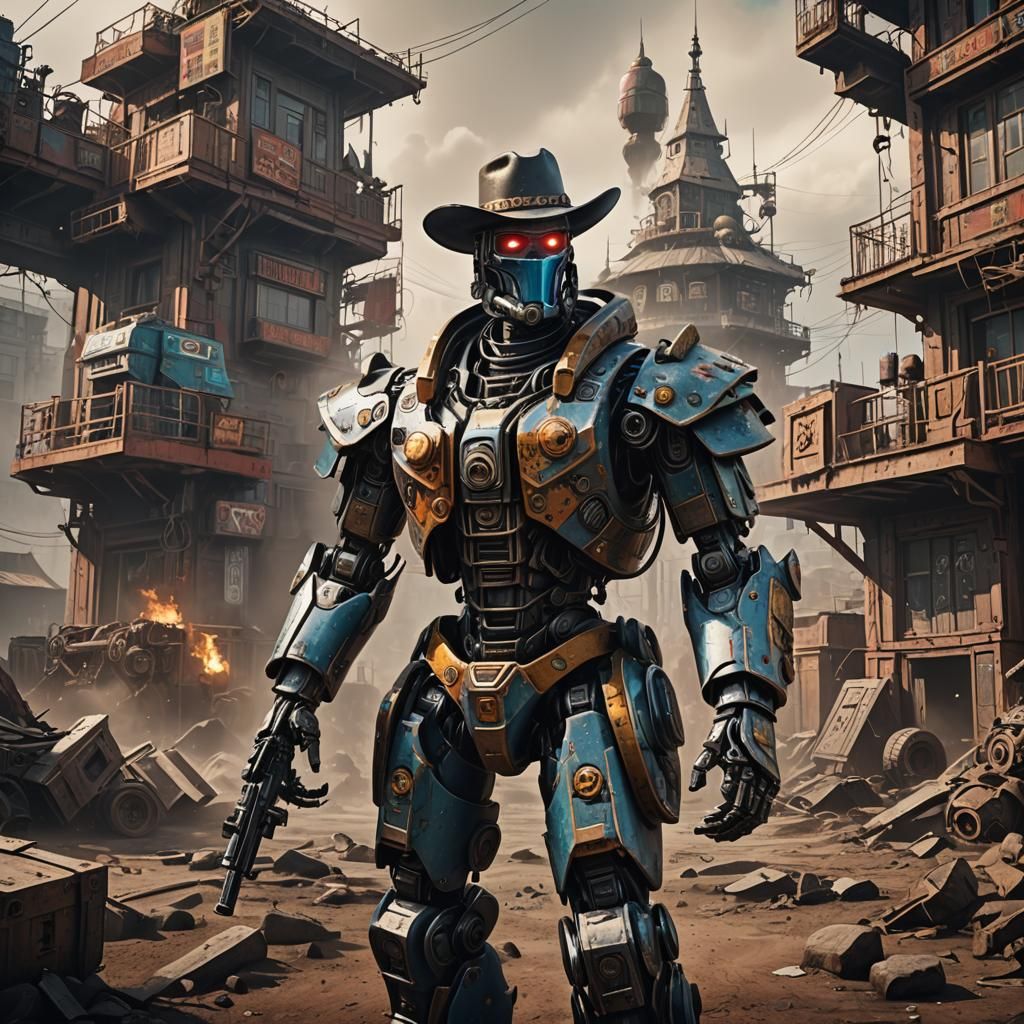 Eastern Bloc Robot Cowboy: Detailed Matte Painting