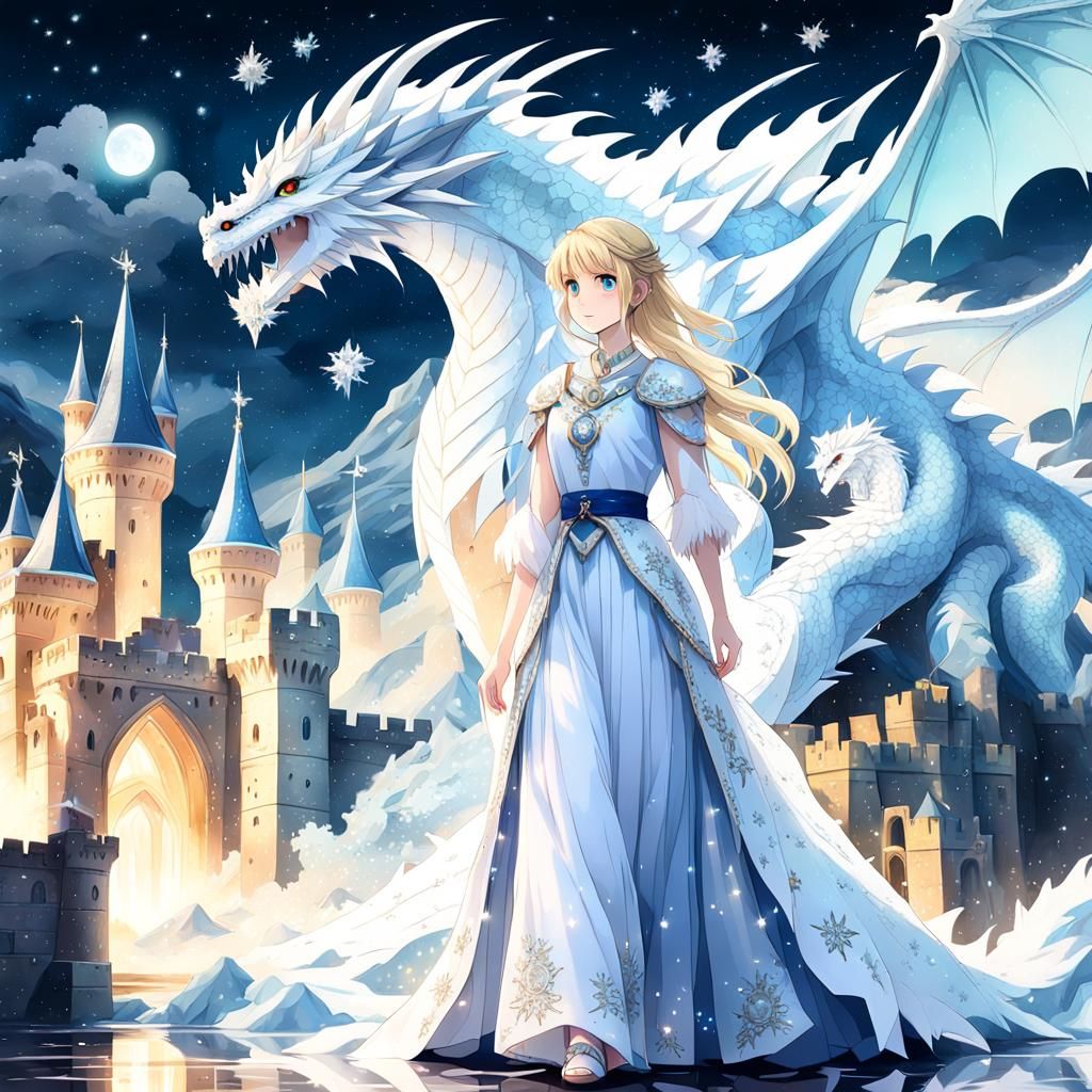 Anime-Inspired Ice Dragon and Castle Digital Art