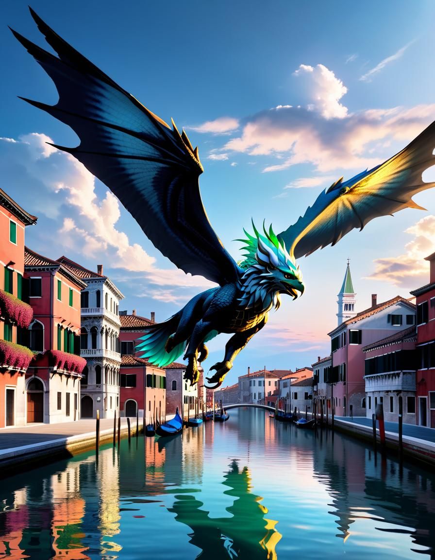 Fantasy Gryphon Over Japan: Cinematic Digital Art