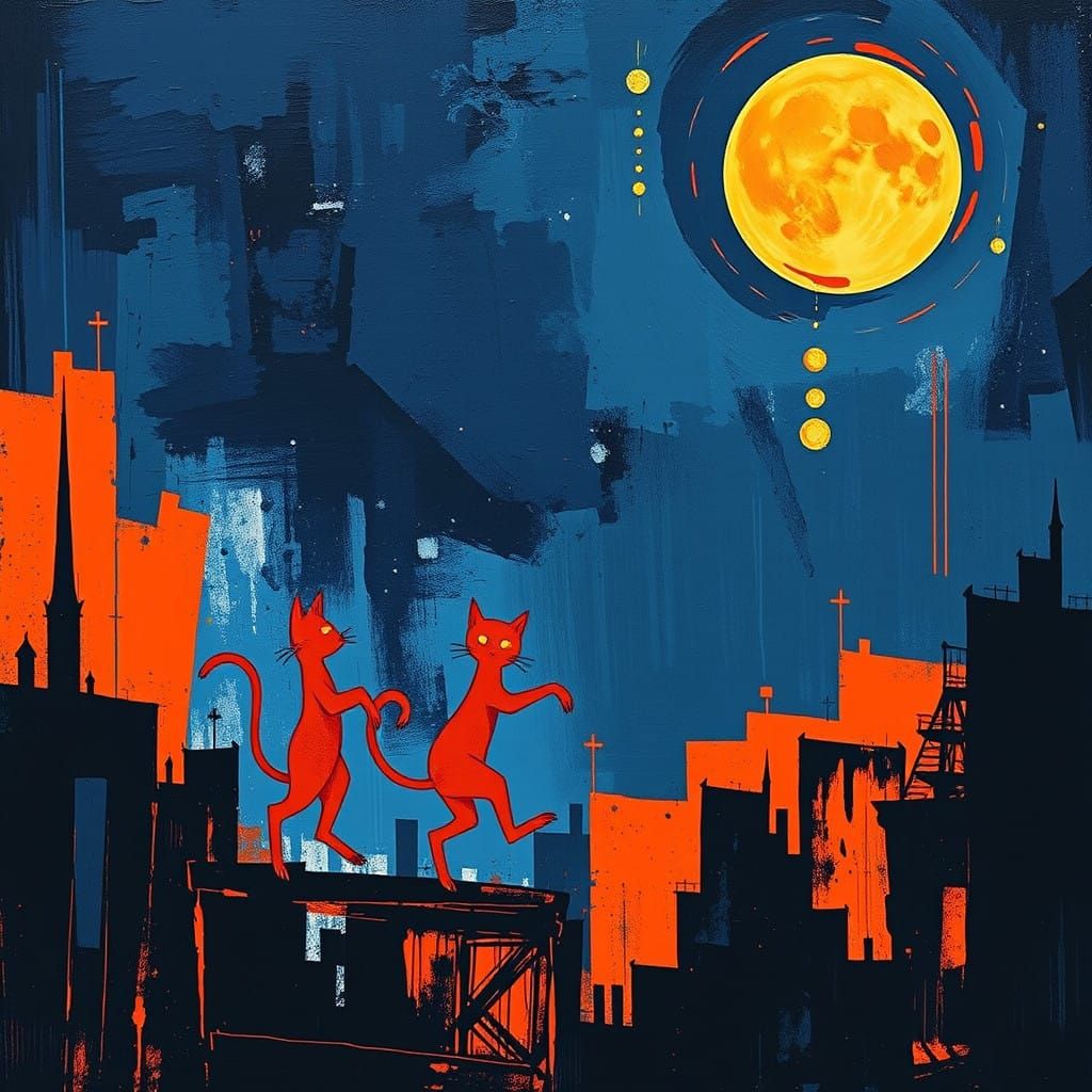 Whimsical Feline Cityscapes in Bold Surrealist Style