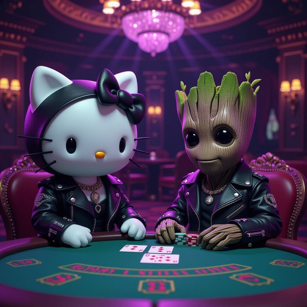 Goth Hello Kitty and Baby Groot Play Blackjack in Vegas