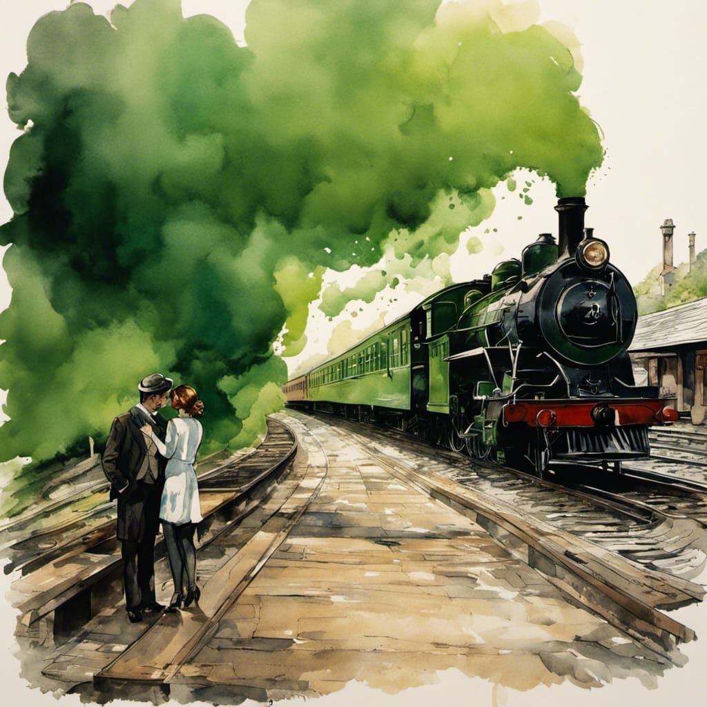 Vintage Train Station Farewell in Ink Splash Style