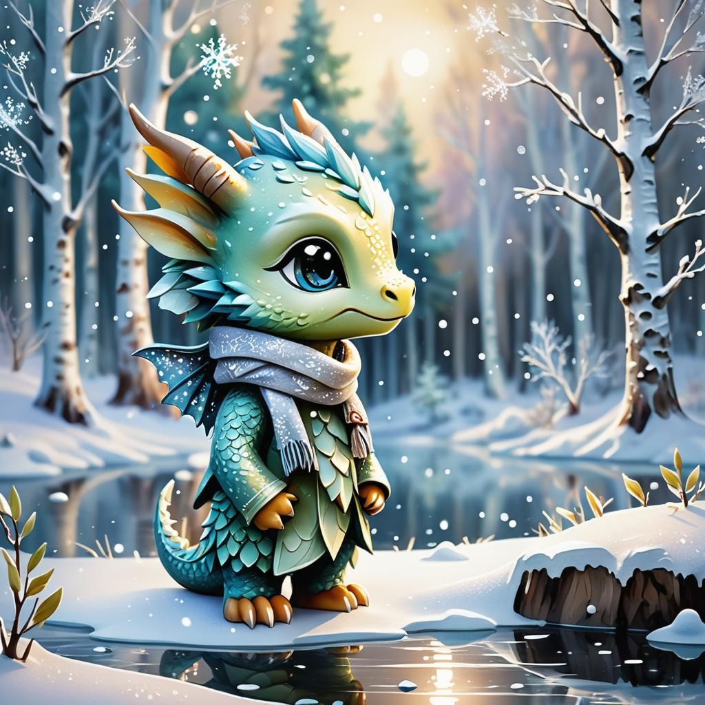 Chibi Dragon in Snowy Forest, Impasto Watercolor