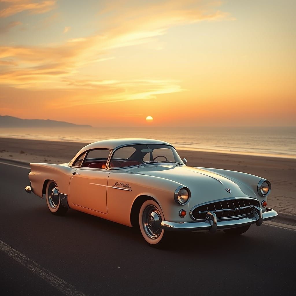 Sleek 1950s-Style Little White Coupe on Sunset Beach