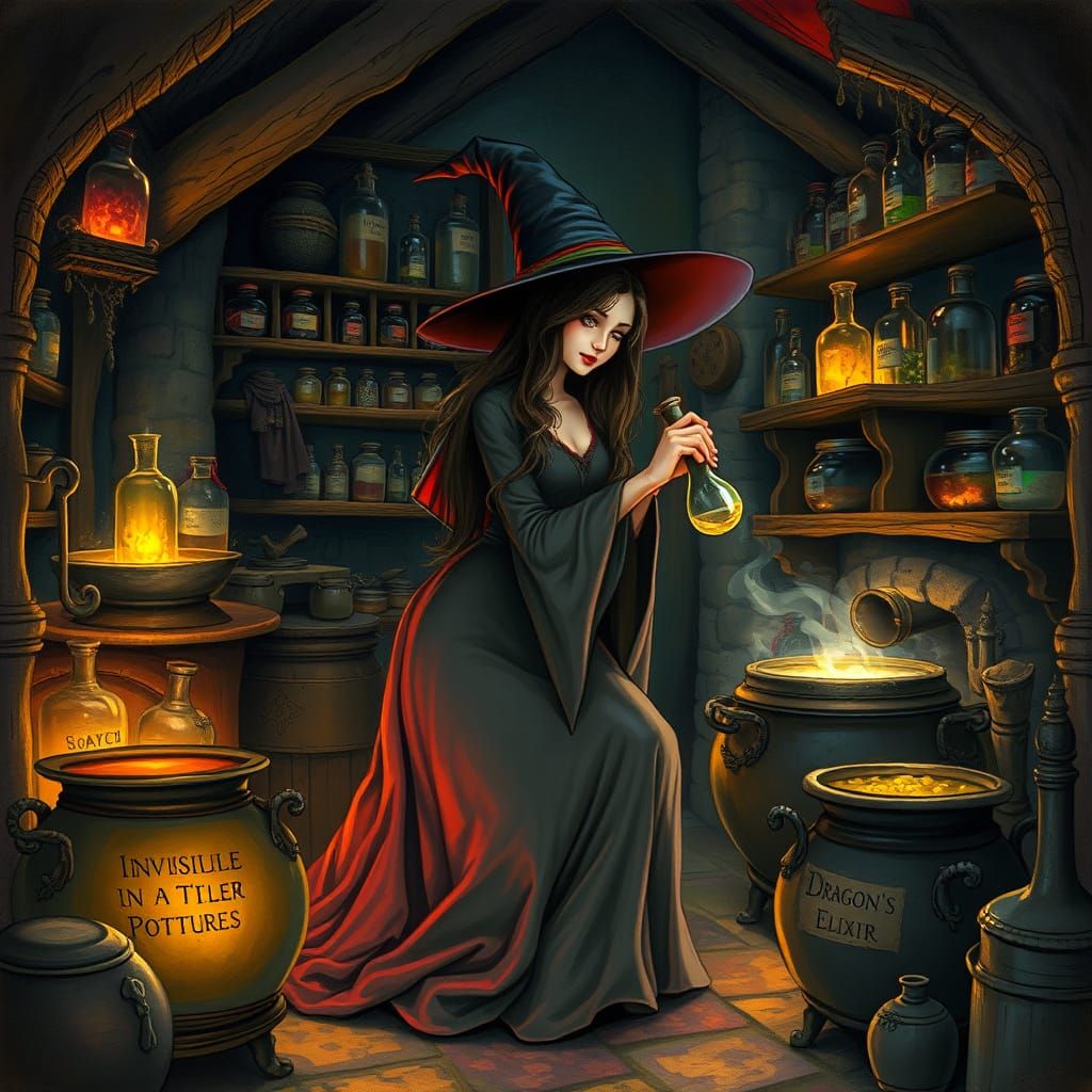 Whimsical Witch Brews Enchanted Potion in Cozy Cottage