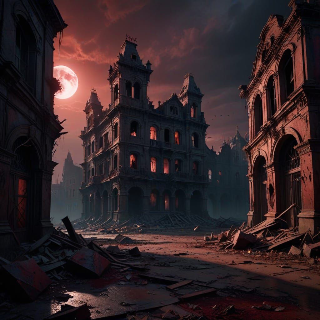 Menacing Presence in Haunted City Under Blood Moon