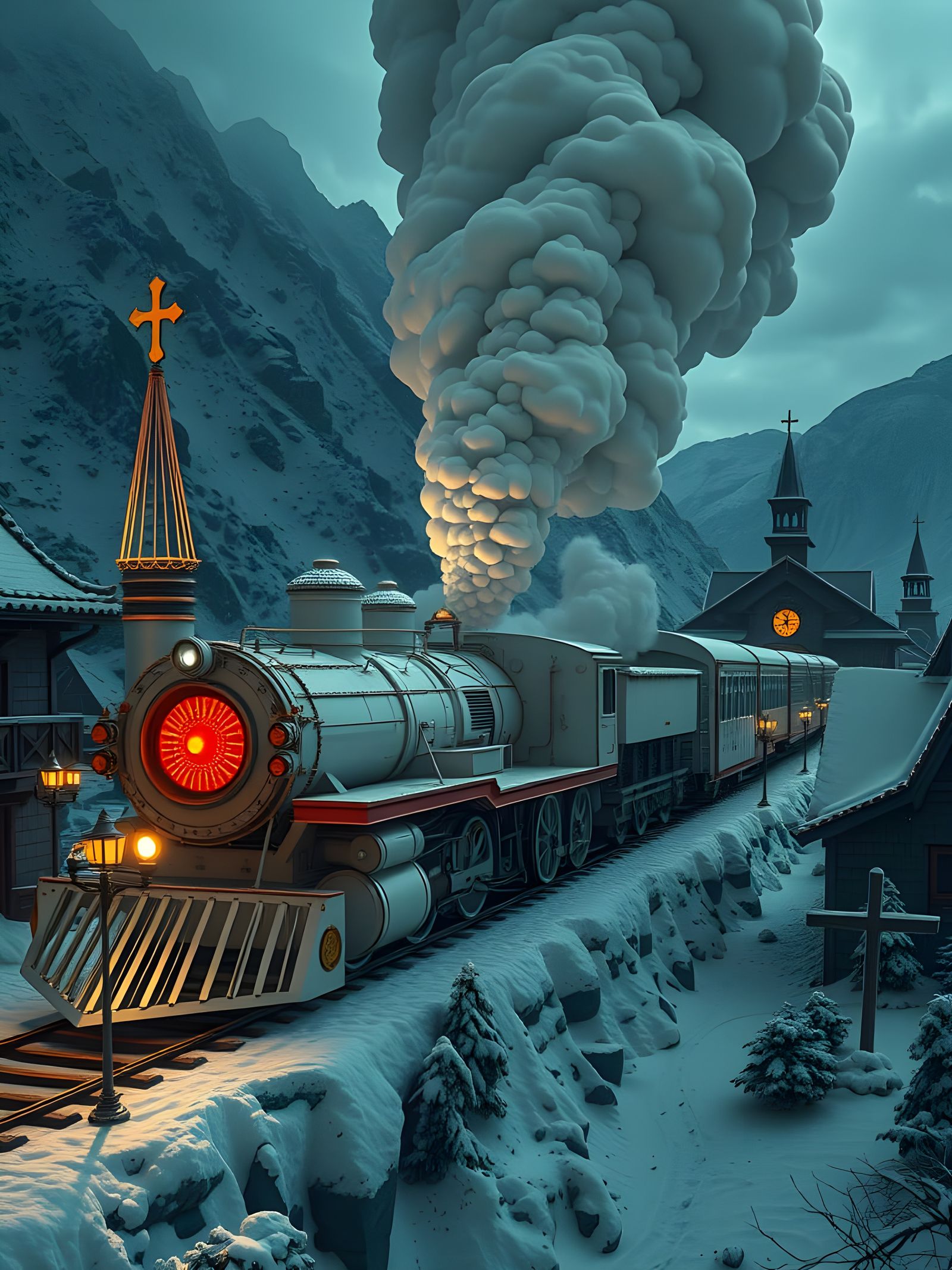 Steampunk Viking Train in Snowy Fjord Landscape