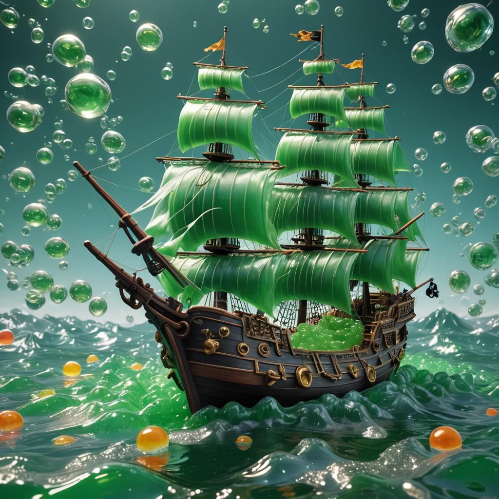 Jello Pirate Ship on Bubbly Ocean: 3D Anime Art