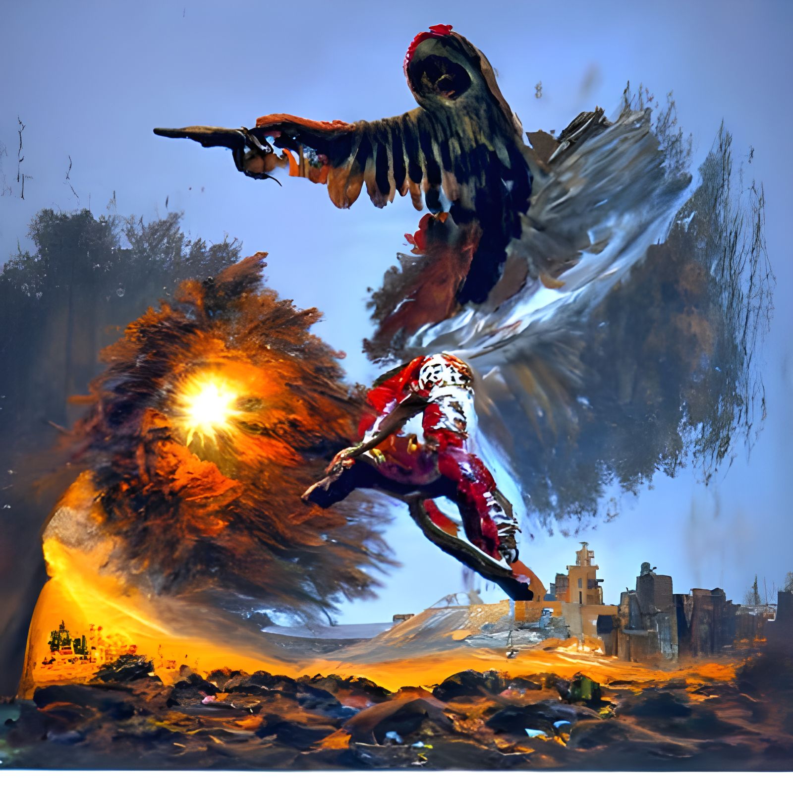 Ethereal Assassin Amidst Red Lightning, Oil Painting