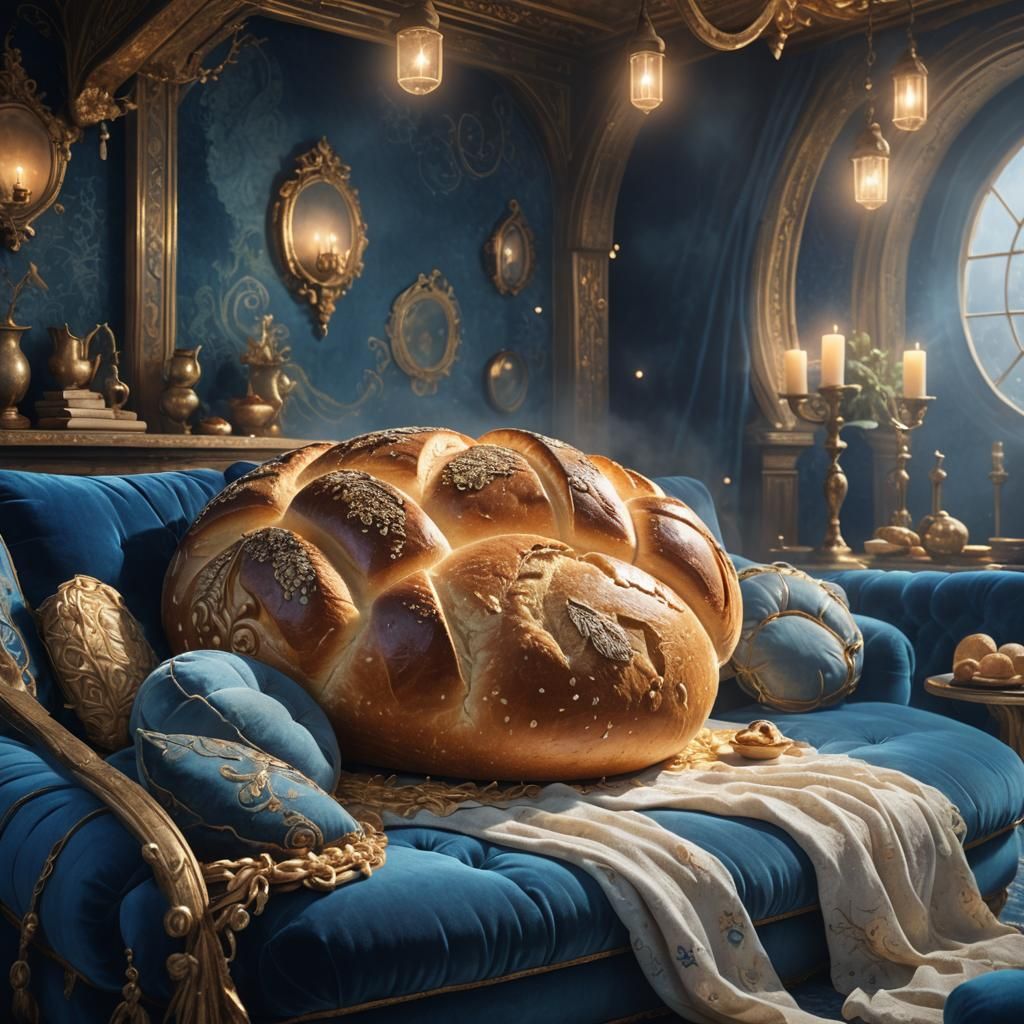 Giant Bread Loaf on Blue Sofa, Fantasy Art