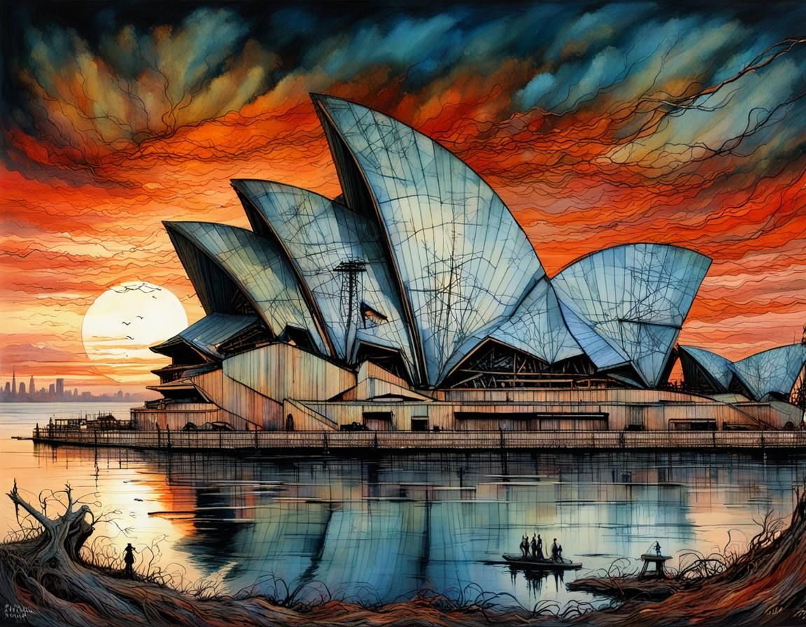 Post-Apocalyptic Sydney Opera House in Deep Noctilucent Hues
