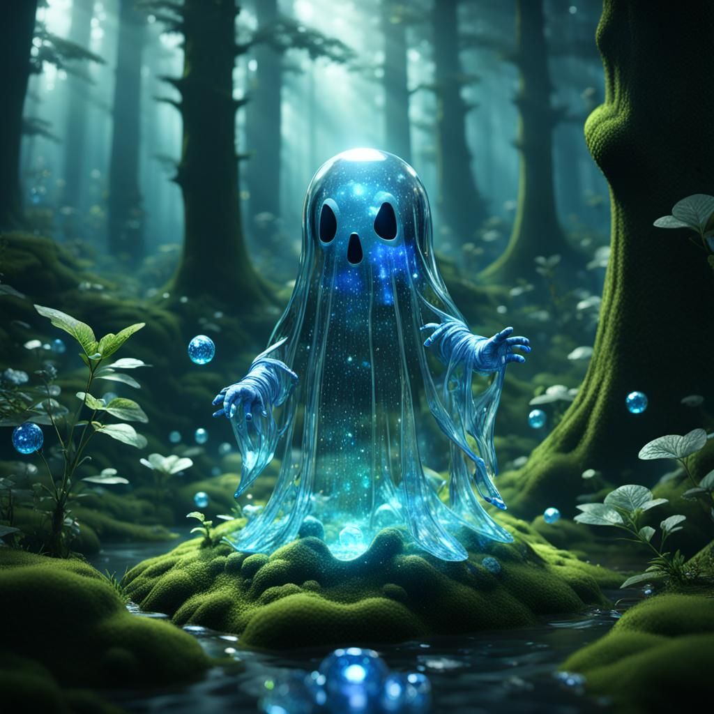 blue reflective crystal ghost flying through saran rap that has alka seltzer bubbles and glitter inside floating aroun...