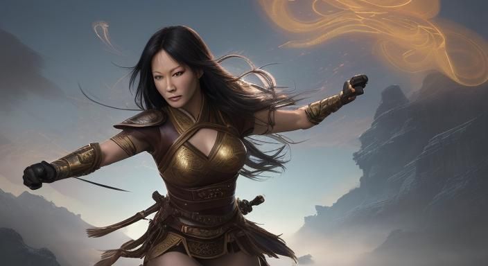 photorealistic (Asian beautiful  "Lucy Liu" female warrior h...
