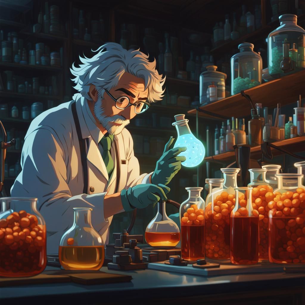 Mad Cartoon Scientist in Studio Ghibli Style