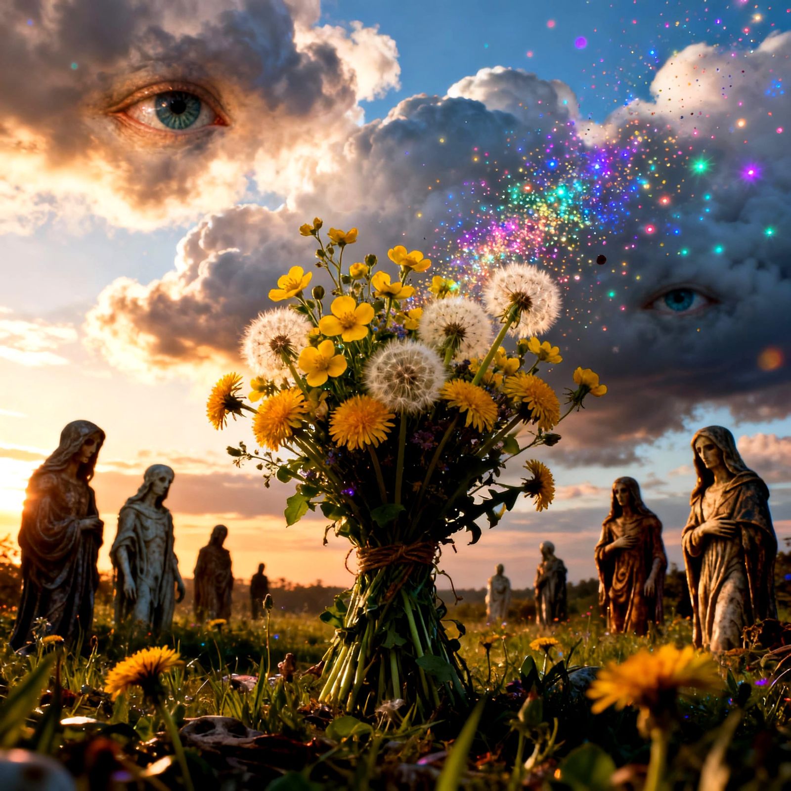 Speckled Morning Sky the Clouds have EYES Primrose Dandelion Bouquet Salvaged Souls Regrets chromatic aberration Akihito...