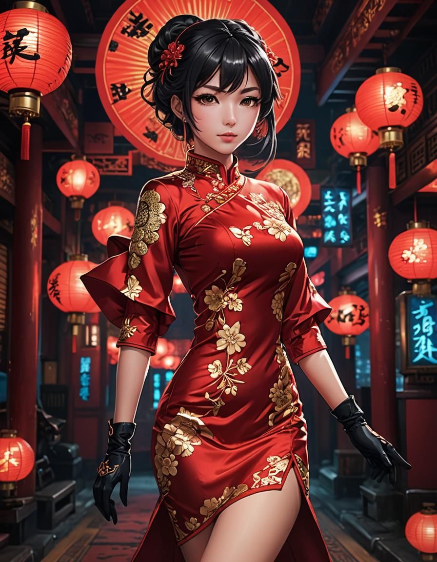 Anime Girl in Cheongsam with Bioluminescent Glyphs