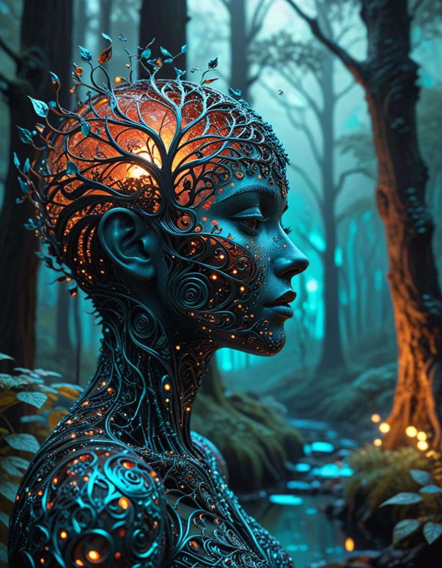 Ornate Metal Filigree Silhouette with Dreamlike Forest Scene