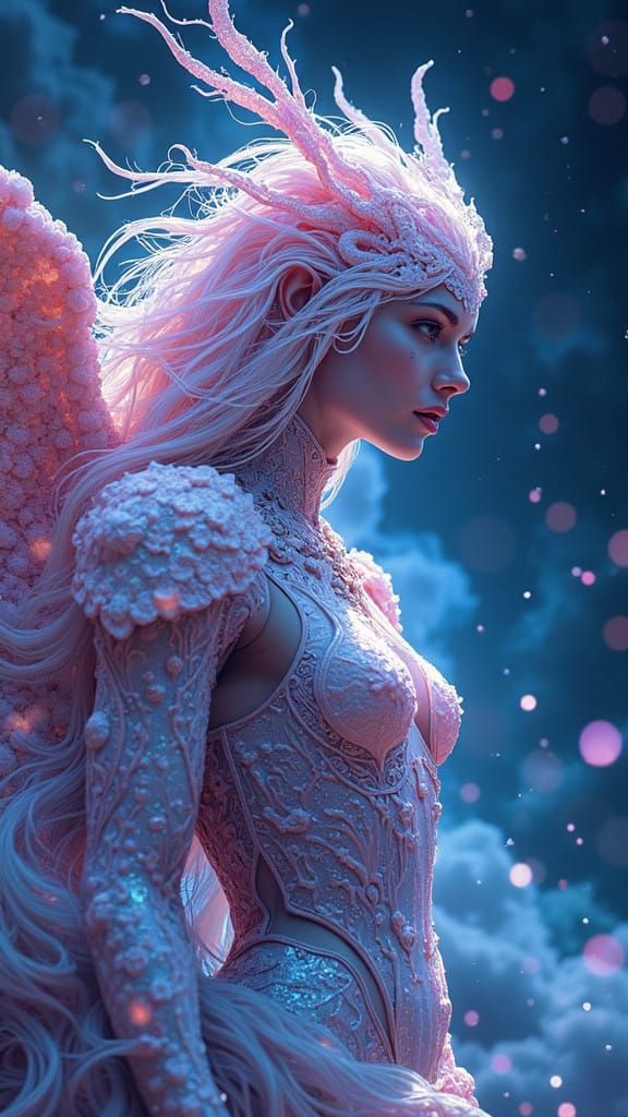 Celestial Being in Shimmering Armor Against Astral Clouds