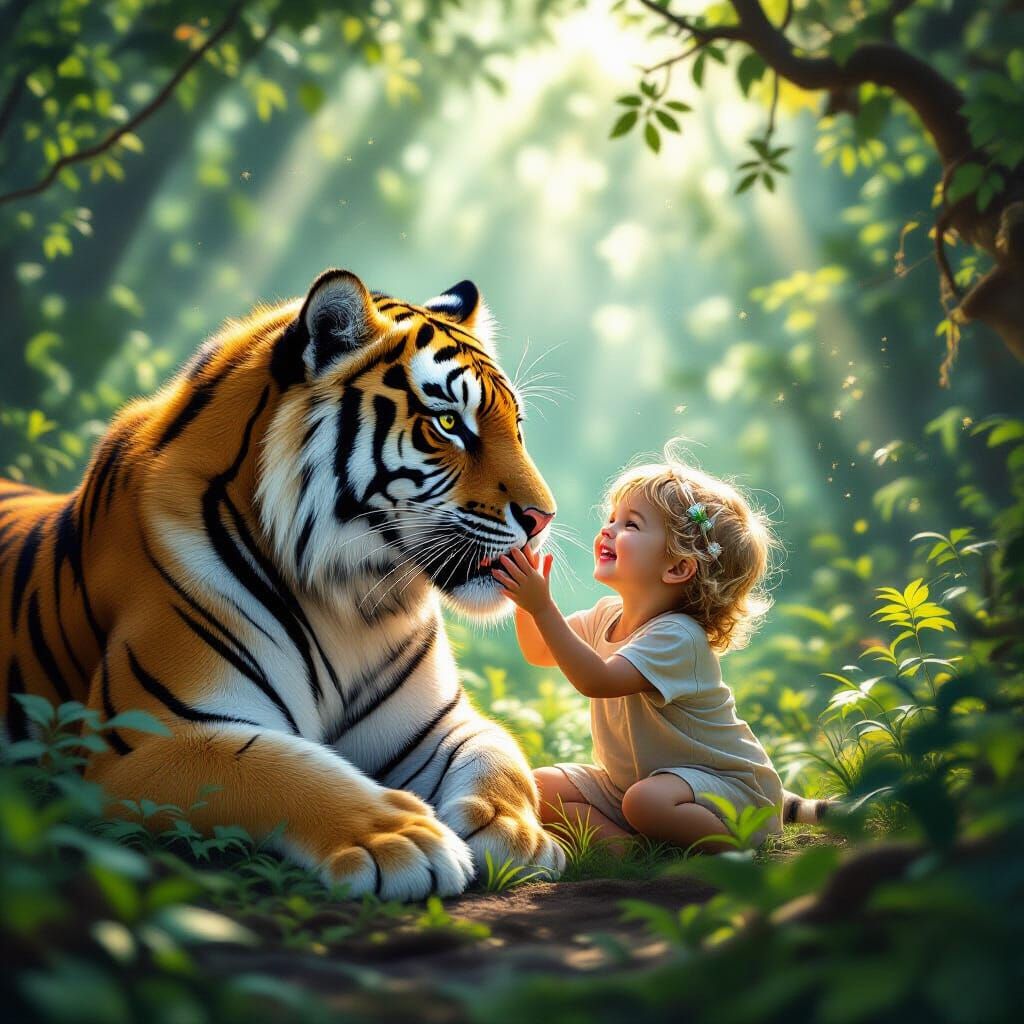 Child and Ethereal Tiger in Enchanted Forest