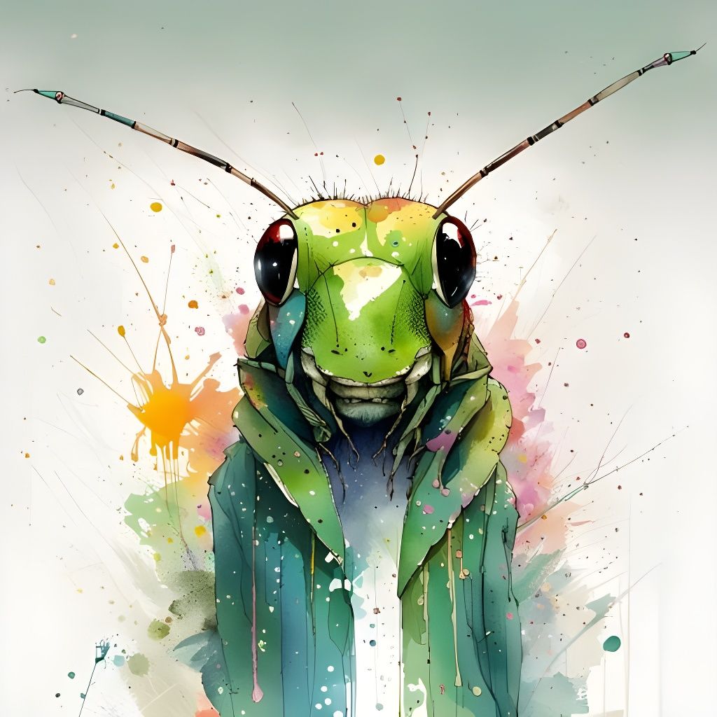 Anthropomorphic Grasshopper in Watercolor Splash Art