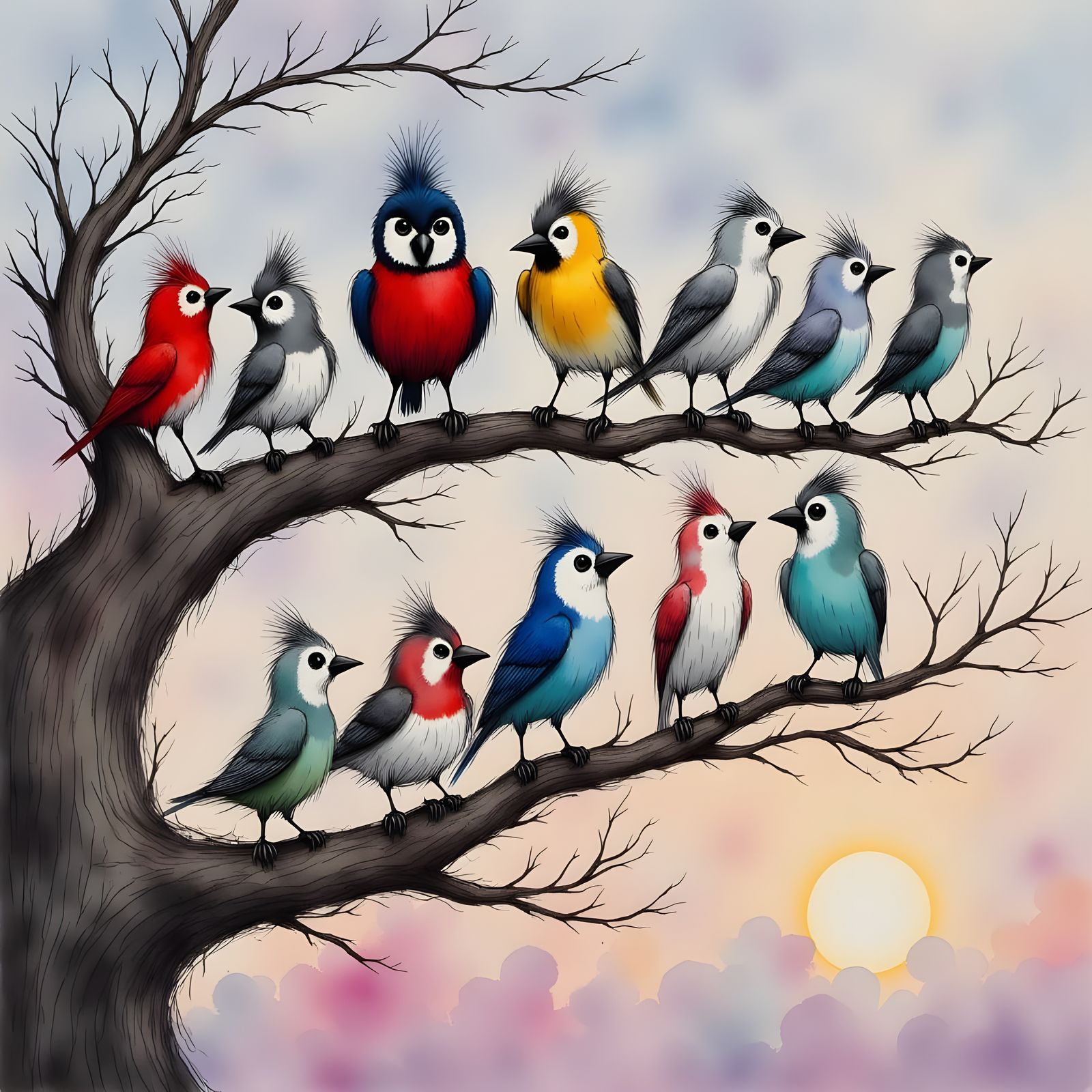 Whimsical Birds on Branch in Soft Illustrative Style