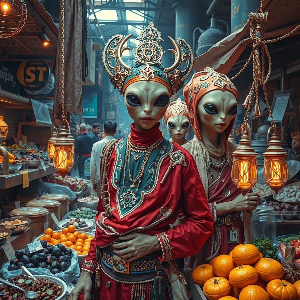 Bustling Alien Market with Glowing Gadgets