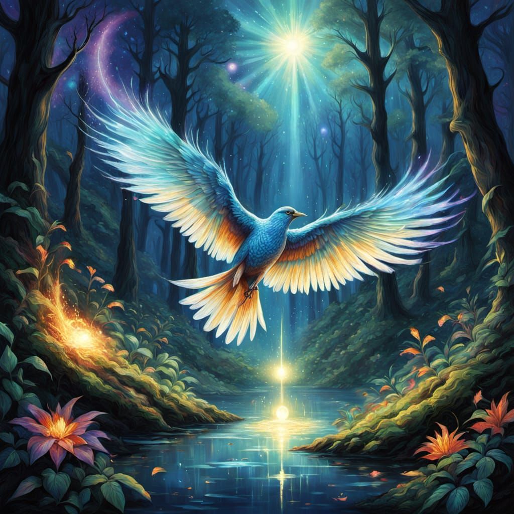 Glowing Spirit Bird in Ancient Forest