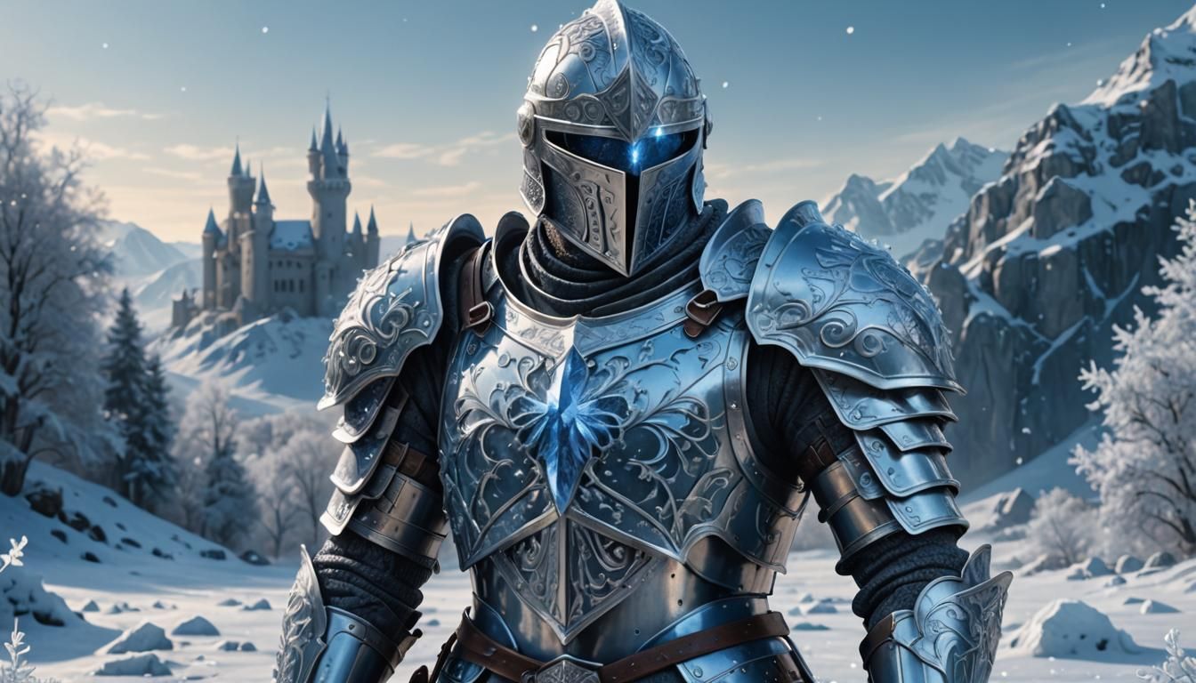 Knight with Crystal in Icy Landscape: Digital Art
