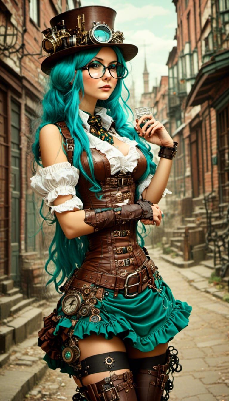Steampunk Woman with Teal Hair and Glasses
