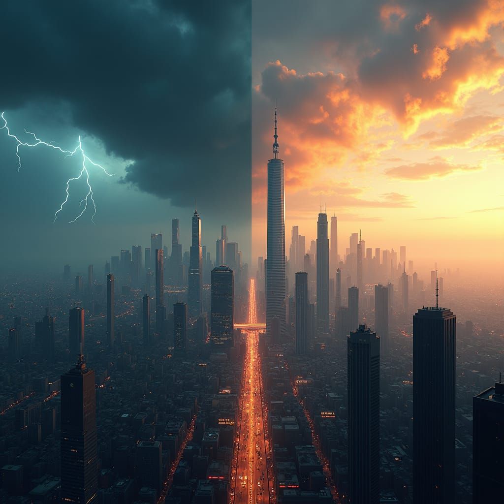 Dual City Skyline: Stormy Meets Clear, Cinematic Lighting