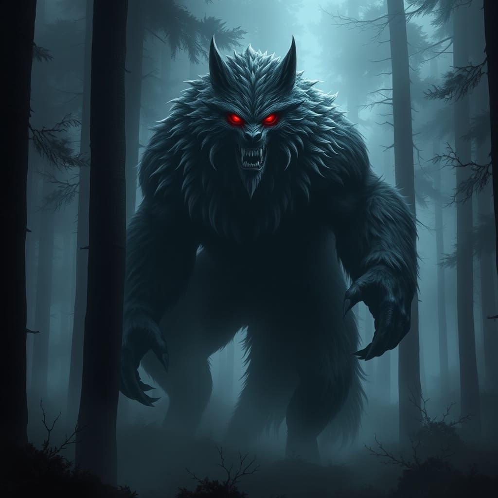Mysterious Wolf-Like Beast in a Haunting Forest Scene