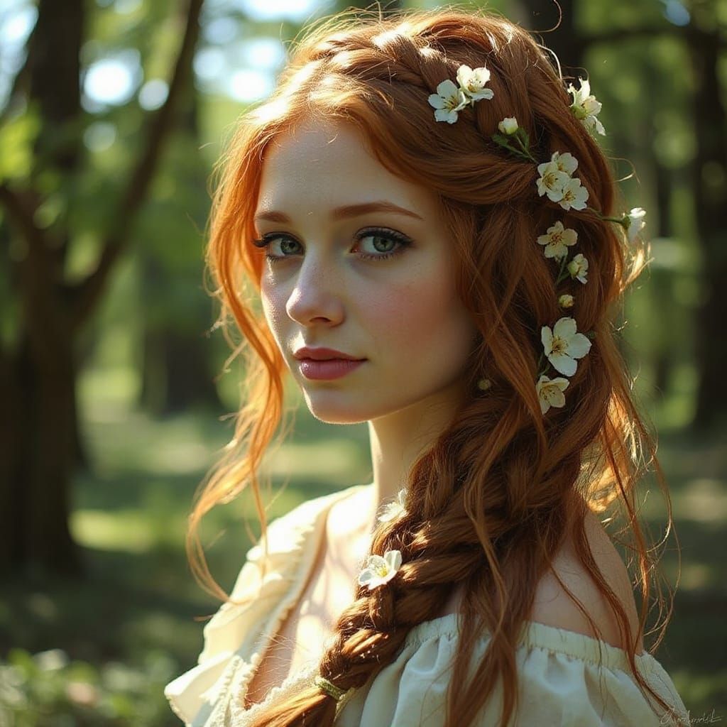 Redhead Woman With Flower Braids in Ethereal Forest