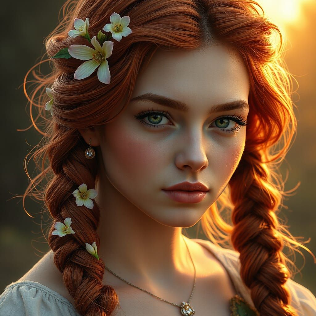 Redhead With Flower Braids in Golden Hour Light