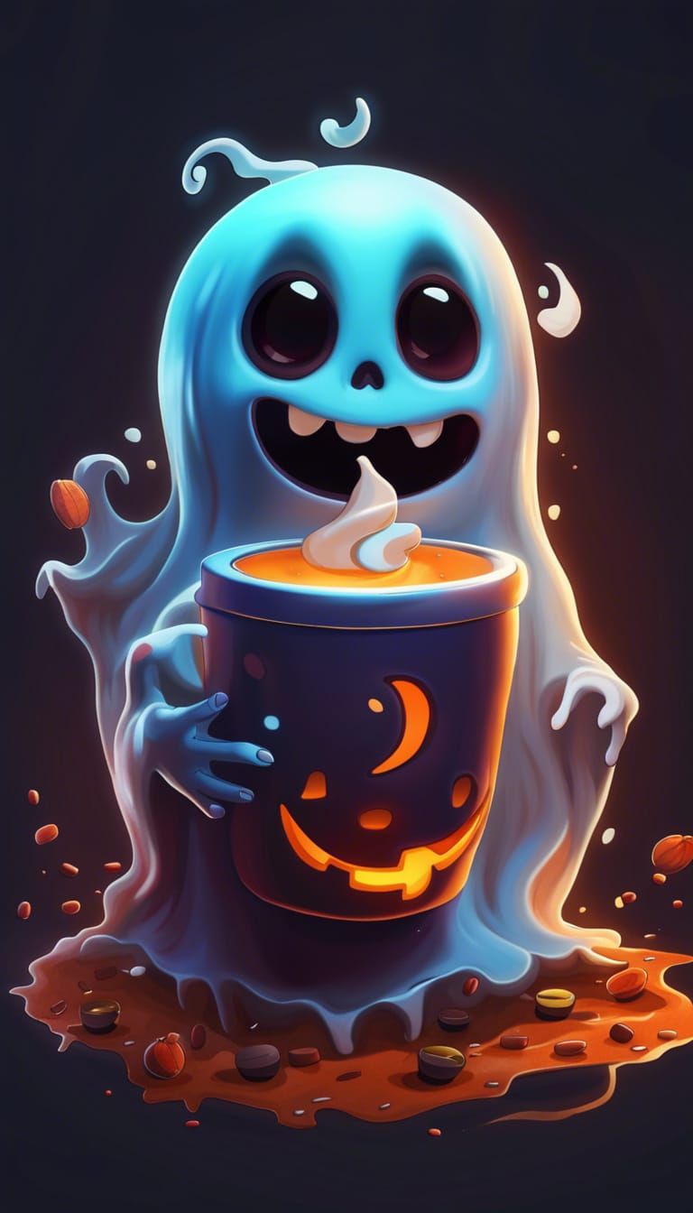Cute Halloween Ghost with Coffee in Anime Style