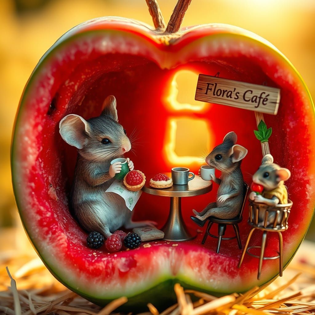 Whimsical Mice Enjoying Fresh Juice and Coffee in a Cozy App...