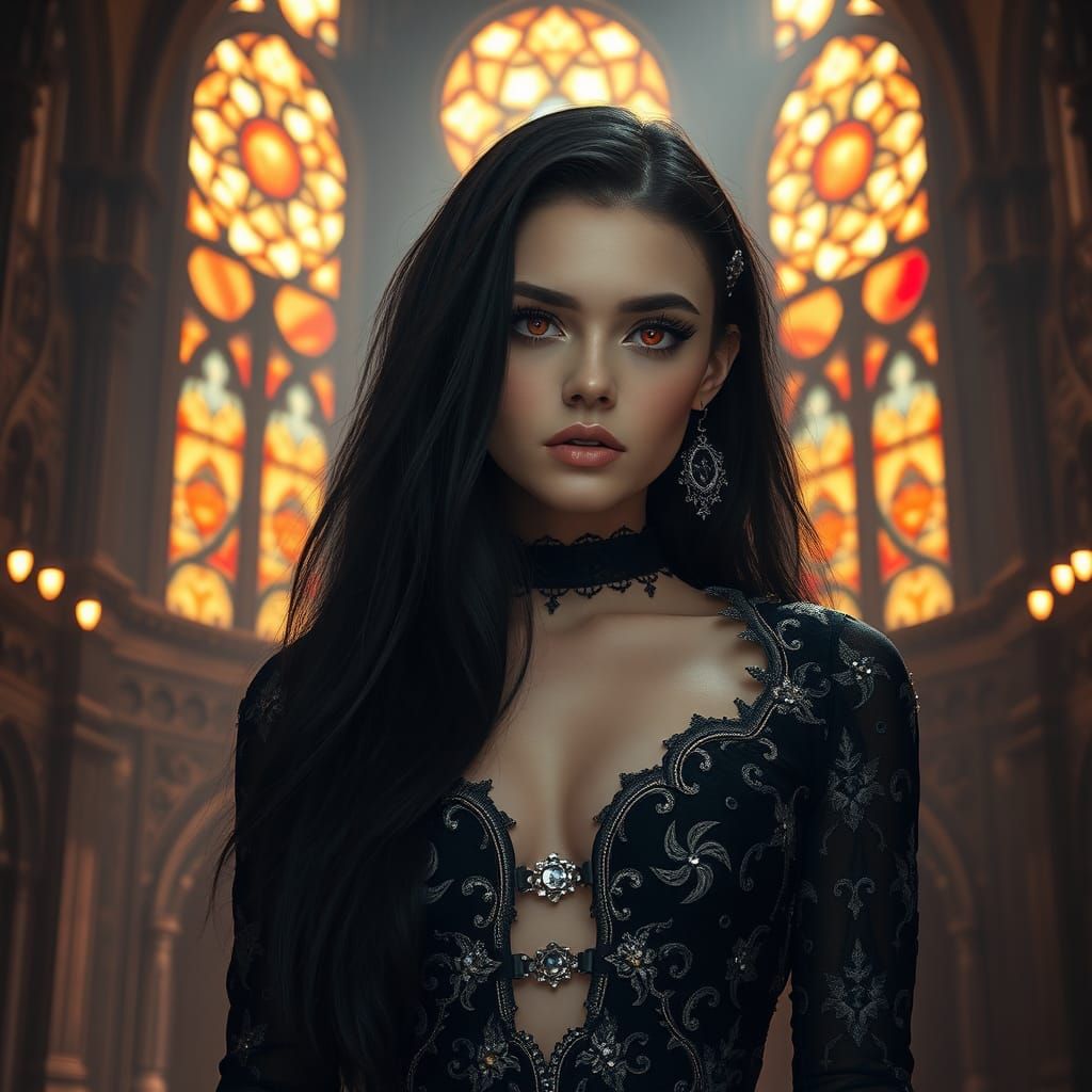 Gothic Woman in Dimly Lit Chamber