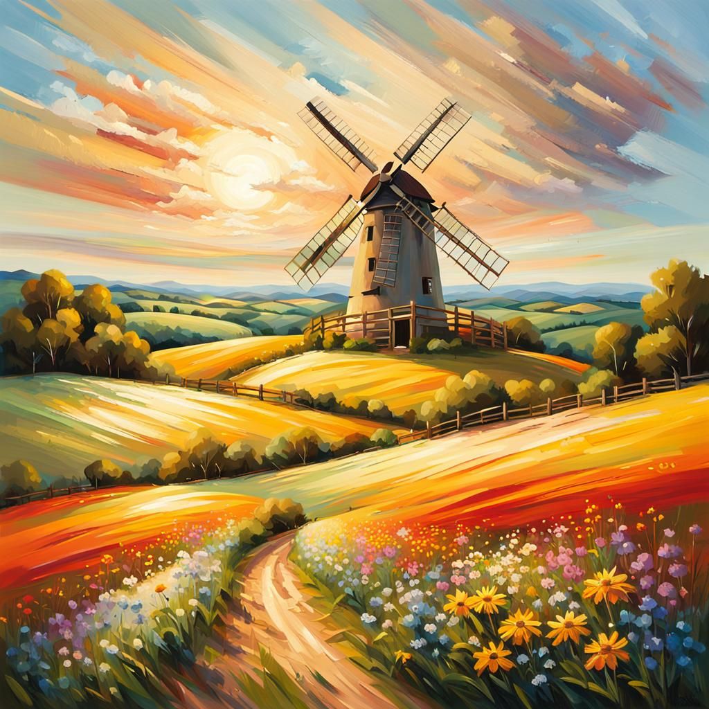 Picturesque Windmill in English Countryside: Impressionist S...