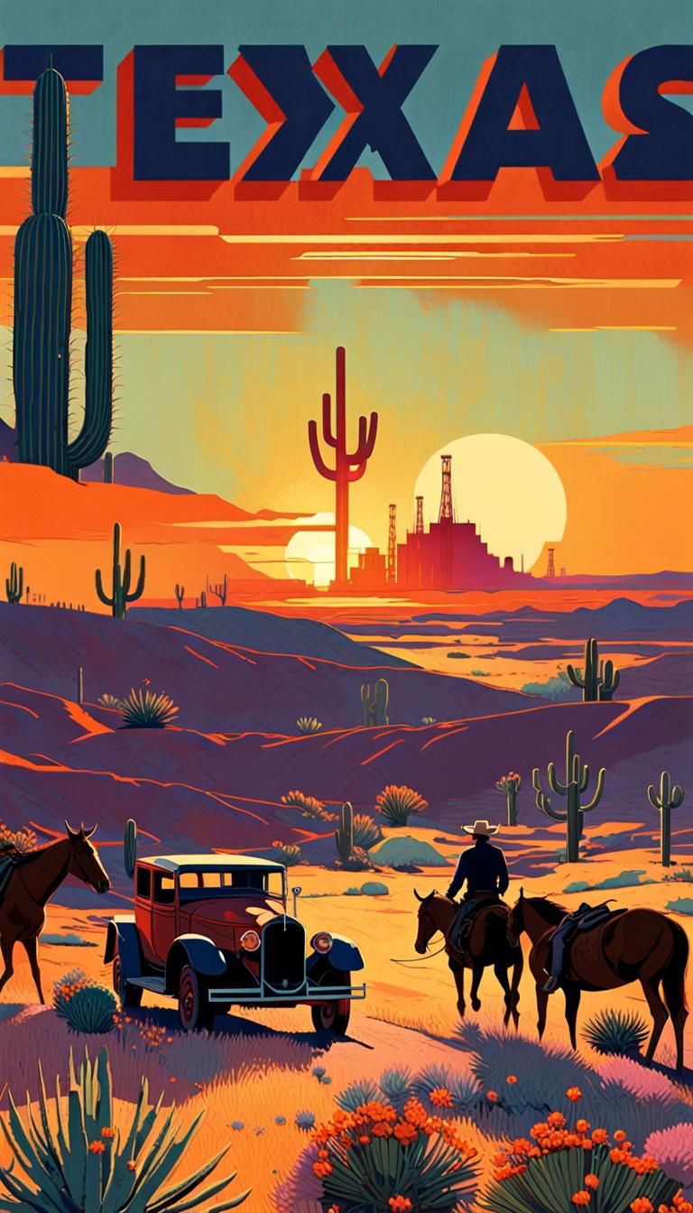 Texas Cowboy Sunset: Vintage Art Deco Travel Poster