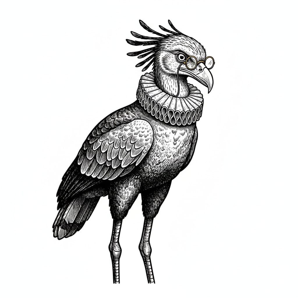 Victorian Etching Style Secretary Bird with Spectacles
