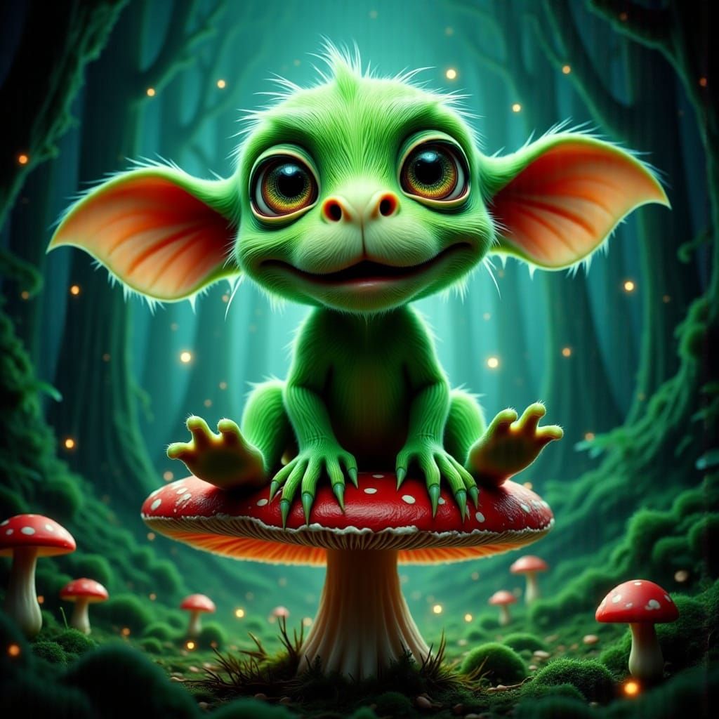 Whimsical Green Monster in Miyazaki-Inspired Forest Scene