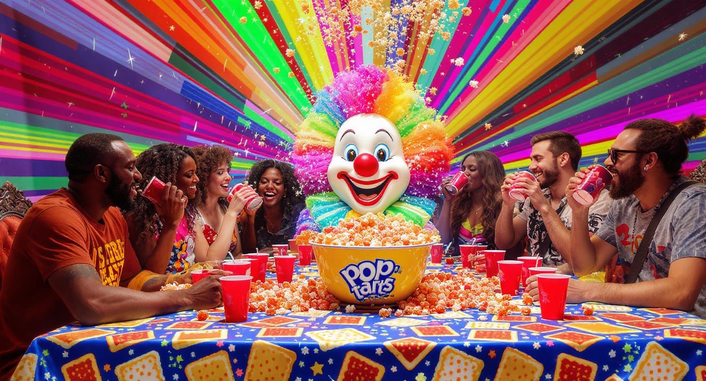 Pop Art Scene: Clown Tub Overflowing with Rainbow Popcorn